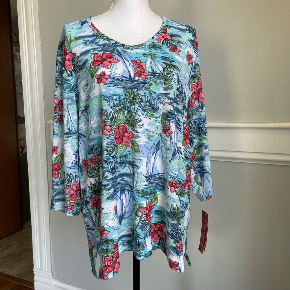 Rebecca Malone Floral Sailboat Print Women's Stretch Top Plus Size 2X
